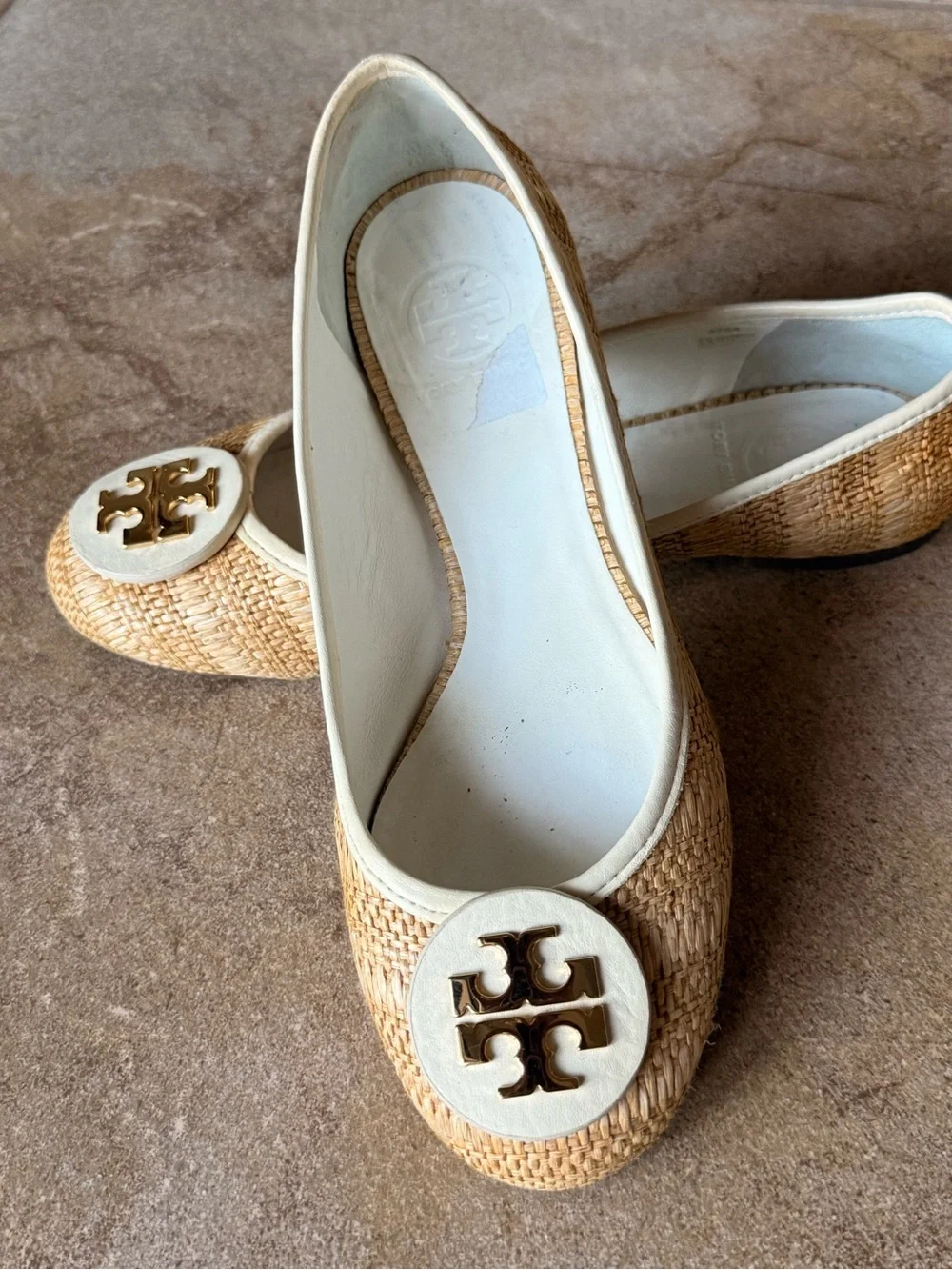 Tory Burch Natural Straw Ballet Flats with Cream Logo Medallion